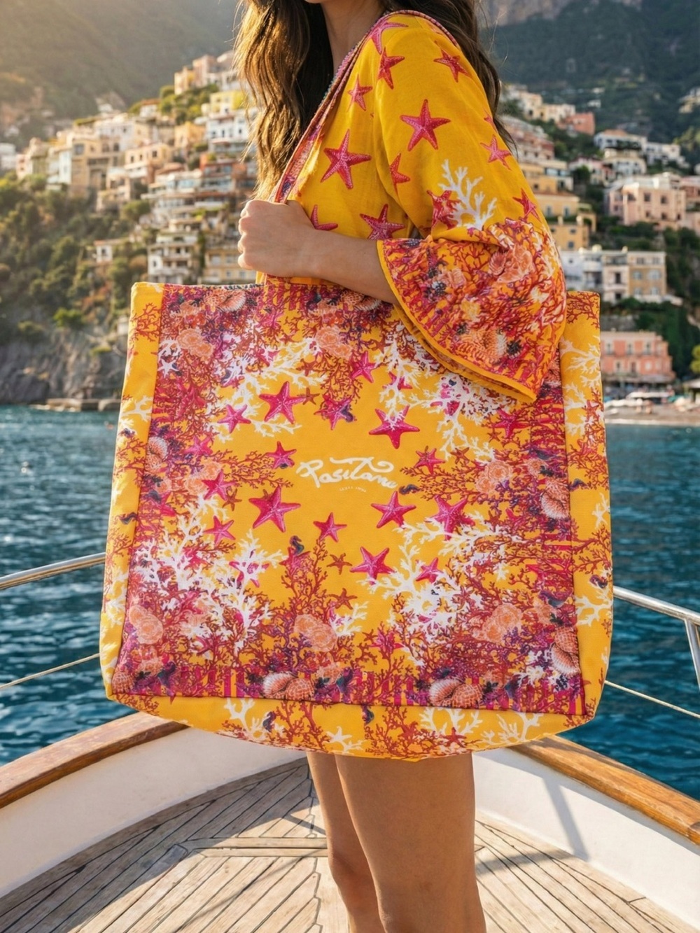 Antica sartoria 2026 Positano Orange corals & Stars Beach Tote Bag NWT
